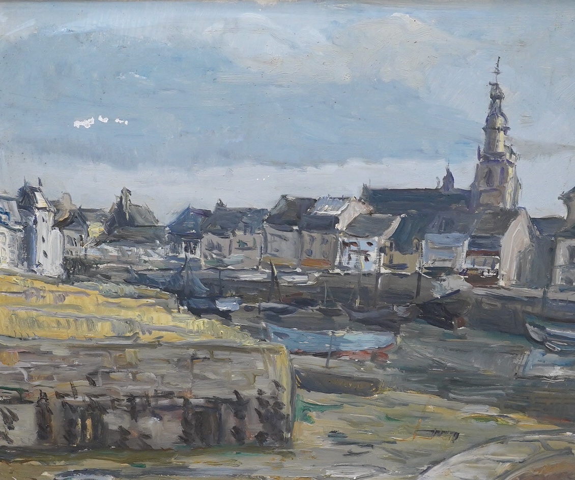 French School, oil on board, Harbour scene, unsigned, 37 x 45cm. Condition - fair to good, would benefit from a clean